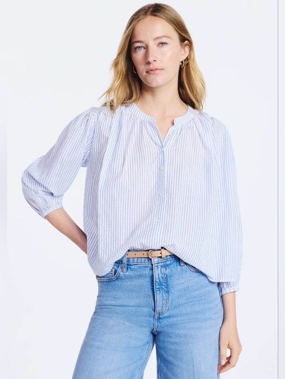 Free Assembly White & Blue Button Down Stripe Blouse Sz Small